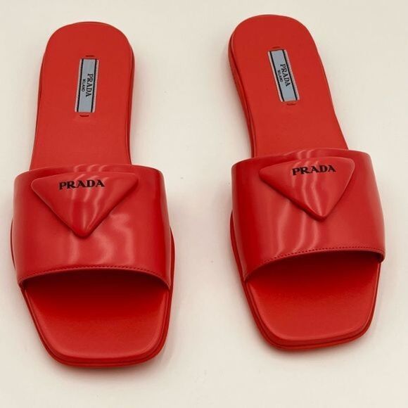Prada Women’s Sandals Coral Logo Triangle Sandals 37.5. 7.5 women’s NEW - Picture 2 of 7